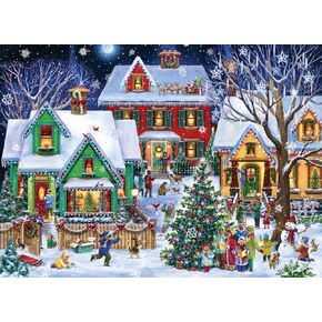 Neighborhood Christmas Jigsaw Puzzle 1000 Piece by Vermont Christmas Company - Fully Interlocking & Randomly Shaped Pieces - 26 5/8" x 19 1/4"