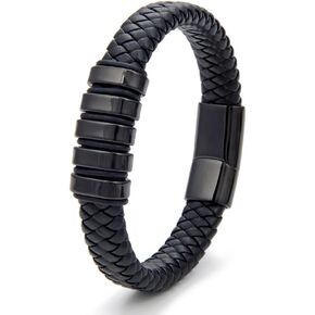 STARCHENIE Leather Bracelet for Men Black Braided Wristband Bracelet Stainless Steel Buckle Jewelry for Him