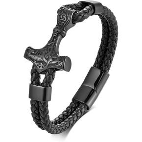 Viking Thors Hammer Mens Bracelet, 316L Stainless Steel Cuff Bracelets for Men, Braided Leather Punk Gothic Wristband Jewelry