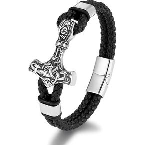 Viking Thors Hammer Mens Bracelet, 316L Stainless Steel Cuff Bracelets for Men, Braided Leather Punk Gothic Wristband Jewelry