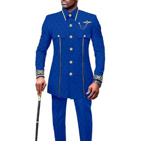 Men's Suits African Clothes Slim Fit Embroidery Single Breasted Full Sleeve Zip Blazer and Pants Set