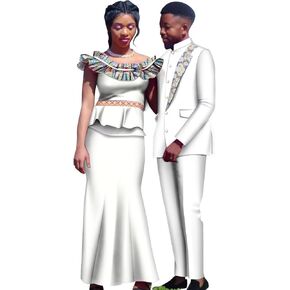 African Couple Clothes Matching Sets Satin Long Dresses for Women and African Suits for Men Dashiki Lovers Outfits