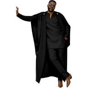 African Clothes for Men Cape V-Neck Full Sleeve Shirts Pants 3 Piece Set Agbada Robe Wedding Evening Outfits