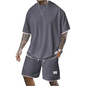 Men's 2 Piece Outfits Letter Short Sleeve Crewneck T Shirt and Drawstring Shorts Set Tracksuit