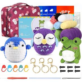 Christabelle Verina Crochet Kit for Beginners (Pack of 3) Crochet Animals: Frog, Penguin, Owl - Amigurumi Crochet Kit for Adults, Kids with Step-by-Step Video Tutorials and Yarns, Hook, Carrying Bag
