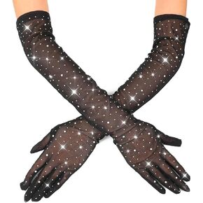 GORTIN Rhinestones Long Gloves Sheer Gloves Sparkle Elbow Length Gloves Opera Prom Party Bridal Tulle Costume Glove for Women