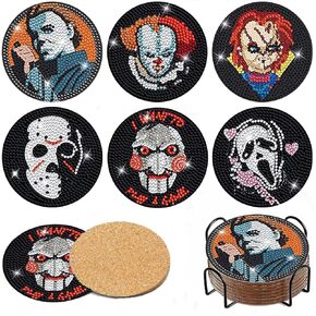 Hongjie 8 Pcs Diamond Art Painting Coasters Kits with Holder, DIY Horror Movie Halloween Diamond Art Coasters Coasters with Cork Base, for Adults Beginners Crafts Kits