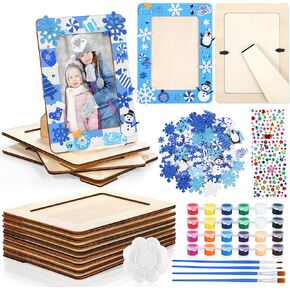 12 Packs Christmas Picture Frame Painting Craft Kit Frozen Wooden DIY Photo Frame for 4 x 6 inch Photo with 100 Stickers Rhinestone Stickers 4 Brushes Set for DIY Paint and Decorate