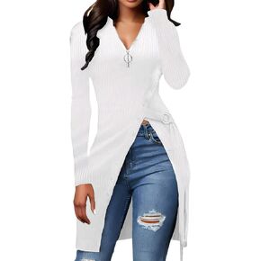 Sexy Sweaters for Women Asymmetrical Long Sleeve Tunics Zip Up Ribbed Tops Knit Side Split Blouses Top