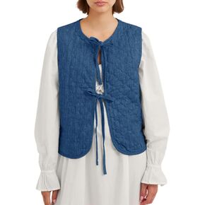 Tankaneo Womens Tie Front Quilted Vest Lightweight Denim Sleeveless Puffer Jacket Y2k Outerwear