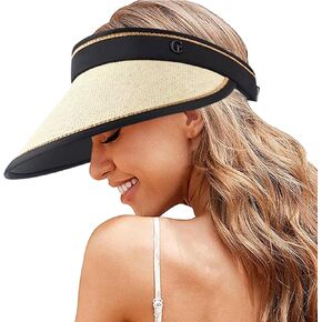 UPF 50+ Sun Visors for Women Wide Brim Beach Hat Foldable Straw Visor Hat Ponytail Summer Packable