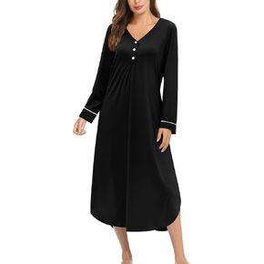 Ekouaer Womens Long Sleeve Nightgown Long Nightshirt Full Length Loungewear Button Down Sleep Dress S-4XL
