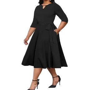 Runwind Women's Plus Size Midi Dress A-Line Fit and Flare Casual Dress 3/4 Sleeve Crewneck Cocktail Party Church Dress