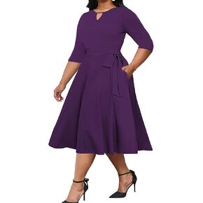Runwind Women's Plus Size Midi Dress A-Line Fit and Flare Casual Dress 3/4 Sleeve Crewneck Cocktail Party Church Dress