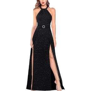VFSHOW Womens Halter Neck Ruched Bow Double Slit Formal Prom Maxi Dress Keyhole Backless Wedding Guest A-Line Evening Gown