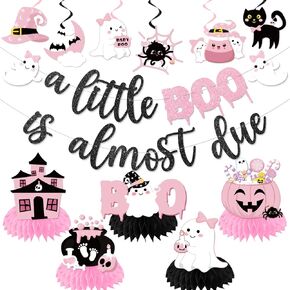A Little Boo Is Almost Due Baby Shower Decorations, Little Boo Baby Shower Decorations includes A Little Boo Is Almost Due Banner,Halloween Baby Shower Hanging Swirls and Halloween Boo Centerpieces