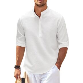 Men's Casual Long Sleeve Henley Shirt Band Collar Beach Hippie Striped Stylish Shirts