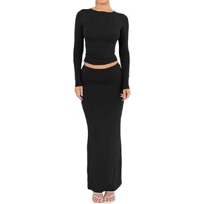 Two Piece Skirt Set for Women 2 PC Y2K Outfits Long Sleeve Tshirts Tops Bodycon High Waist Maxi Skirts