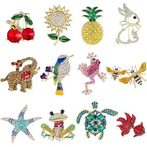 12pcs Women Brooches Bulk Set Rhinestones Crystal Animal Shape Brooch Pins Flower Brooch for Women Fashion