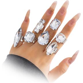 Chunky 7Pcs Silver Crystal Knuckle Rings Set Geometric Rhinestone Waterdrop Open Rings Stackable CZ Circle Square Finger Rings Jewelry Set for Women