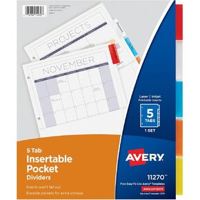 Avery Insertable Dividers with Pockets, 5 Multicolor Tabs, 1 Set (11270)