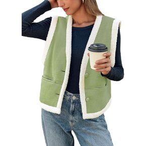 Tankaneo Womens Faux Suede Vests Sleeveless Sherpa Jackets V Neck Button Down Fleece Coats Casual Fall Winter Outerwear