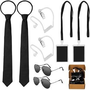 Dreamtop 8 Pcs Agent Costume Set, Secret Security Guard Costume ID Badge Prop with Protective Case Adjustable Pretied Zipper Tie Earpiece and Black Sunglasses for Men Halloween Cosplay Party Dress Up