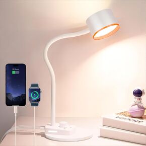 Desk Lamp, LED Desk Lamp with USB C + A Charging Ports, 5 Colors Fully Dimmable Eye Care Reading Lamp for Bedside Table Full Metal Efficient Gooseneck Table Lamp for Home Office Black