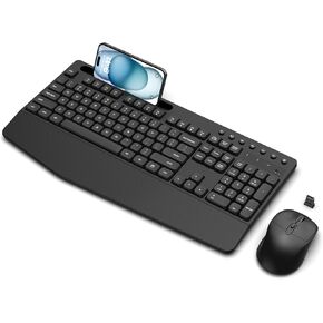 EDJO Wireless Keyboard and Mouse, Wrist Rest, Phone Holder, 2.4G Lag-Free Ergonomic Keyboards Mouse Combo, Silent Keyboard Cordless Set for Computer, Laptop, PC, Mac, Windows (Classic Black)