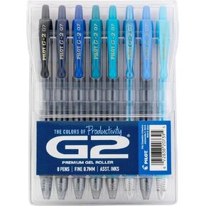 PILOT, G2 Premium Gel Roller Pens, G2 Boost Blues Pack, The Colors of Productivity, 8 Pack Pouch, Fine Point 0.7 mm, Assorted