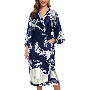 BestWendding Women's Satin Kimono Robes Floral Printed Long Bathrobe Silky Nightgowns Bridesmaid Robes with 2 Pockets