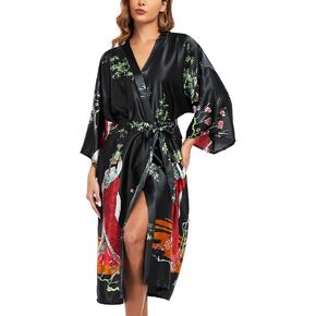 BestWendding Women's Satin Kimono Robes Floral Printed Long Bathrobe Silky Nightgowns Bridesmaid Robes with 2 Pockets in Kuwait