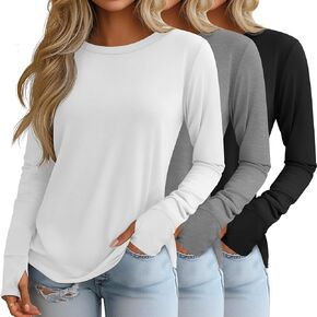 Huukeay 3 Pack Women's Long Sleeve Cotton Shirts, Casual Crew Neck Tunic Tops Fall Loose Y2k Trendy Outfits with Thumb Holes