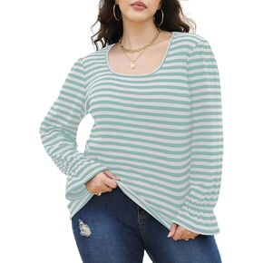 Women's Tops Plus Size Striped Ribbed Tunic Square Neck T Shirts Casual Dressy Trendy Ruffled Long Sleeves Blouses