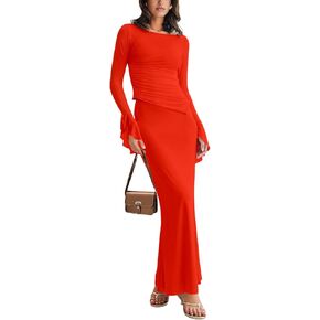 SEBOWEL Skirt Set for Women with Long Sleeve Crewneck Crop Top 2 Piece Outfits Maxi Skirt Dress