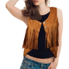 LUTER Fringe Vest, Soft Cowgirl Vest Sleeveless Cropped Fringe Jackets Brown Tassel Suede Vest Hippie Vest for Women