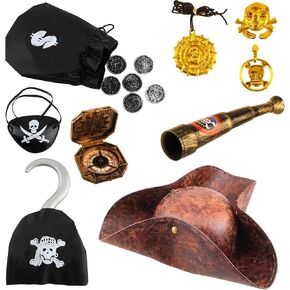 9 Pcs Pirate Tricorn Hat Pirate Accessories Colonial Hat with Pirate Colonial Toy Eye Patch Hook Props for Halloween Cosplay Masquerade Pirate Theme Party