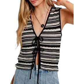 Aonoapll Women Tie Front Sweater Vest Top Y2k Summer Stripe Print Knit Vest Sleeveless Open Front Crochet Tank Tops
