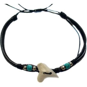 Genuine Mako Shark Tooth Bracelet for Men Fits 6 to 10 inch Wrist Size, Handmade Waxed Cord Corwrie Shell Shark Tooth Bracelet for Women Jewelry (GA099-BL)