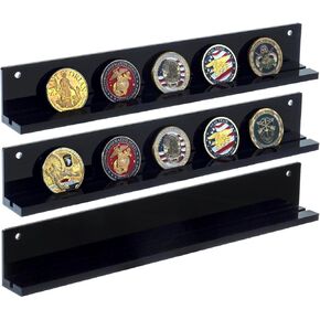 MyGift Wall Mounted Premium Clear Acrylic Challenge Coin Holder, Casino Chip Collectors Display Rack, Single Row Military Coins Collection Shelf, Set of 3