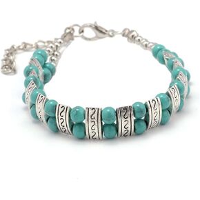 Double Row Turquoise Bracelet for Women Fashion Handmade Boho Ethnic Style Bracelet Vintage Adjustable Turquoise Carved Bracelet Friendship Jewelry