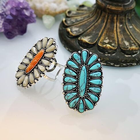Bohemian Turquoise Oval Flower Rings Vintage Geometric Ethnic Natural Stone Adjustable Silver Joint Knuckle Rings Western Cowgirl Statement Jewelry in Kuwait