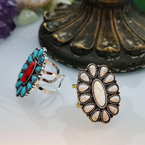 Bohemian Turquoise Oval Flower Rings Vintage Geometric Ethnic Natural Stone Adjustable Silver Joint Knuckle Rings Western Cowgirl Statement Jewelry in Kuwait