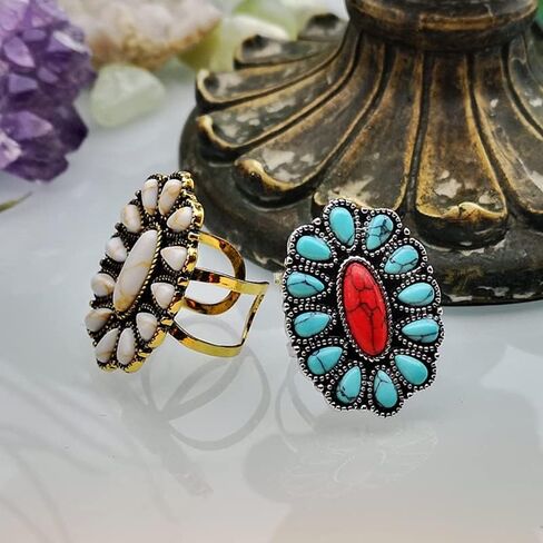 Bohemian Turquoise Oval Flower Rings Vintage Geometric Ethnic Natural Stone Adjustable Silver Joint Knuckle Rings Western Cowgirl Statement Jewelry in Kuwait