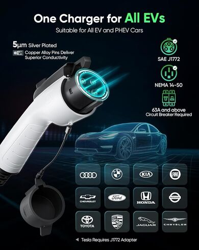 شاحن EV من المستوى 2، 32 أمبير 240 فولت Nema 14-50 شواحن EV للمنزل المستوى 2، سلك تمديد 21 قدمًا شاحن EV للمركبات الكهربائية المحمولة لـ J1772 EVs مع موصل حائط وحامل in Kuwait