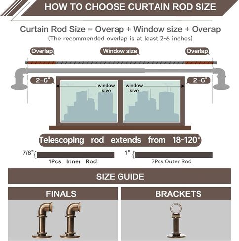 Industrial Curtain Rods for Windows 18 to 88 Inches Adjustable Length, 1 Inch Diameter, with Aluminium Finials,Antique Red Bronze in Saudi Arabia