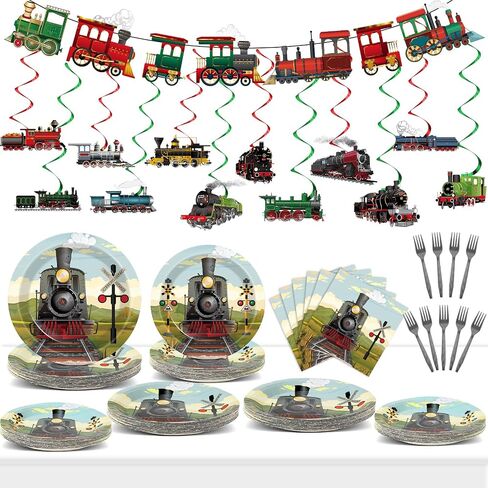 party greeting 109Pcs Train Birthday Party Supplies Includes Steam Train Party Plates Napkins Fork Retro Train Banner Hanging Ceiling Swirls for Train Transportation Baby Shower Party Decorations Set in Saudi Arabia