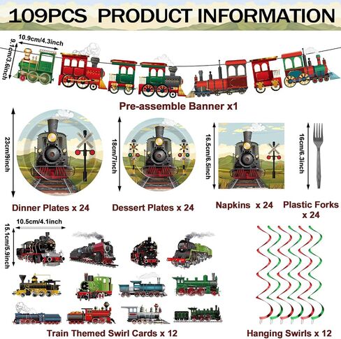 party greeting 109Pcs Train Birthday Party Supplies Includes Steam Train Party Plates Napkins Fork Retro Train Banner Hanging Ceiling Swirls for Train Transportation Baby Shower Party Decorations Set in Saudi Arabia