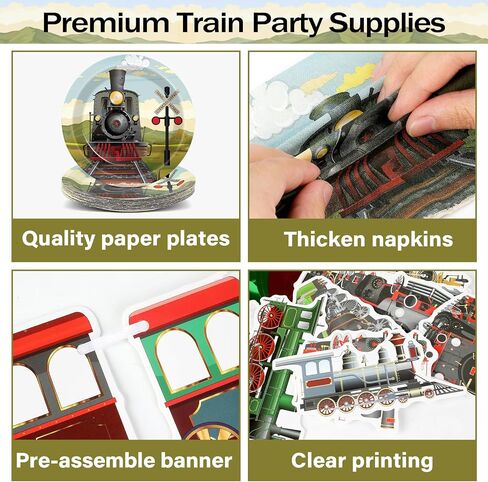 party greeting 109Pcs Train Birthday Party Supplies Includes Steam Train Party Plates Napkins Fork Retro Train Banner Hanging Ceiling Swirls for Train Transportation Baby Shower Party Decorations Set in Saudi Arabia