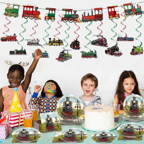 party greeting 109Pcs Train Birthday Party Supplies Includes Steam Train Party Plates Napkins Fork Retro Train Banner Hanging Ceiling Swirls for Train Transportation Baby Shower Party Decorations Set in Saudi Arabia